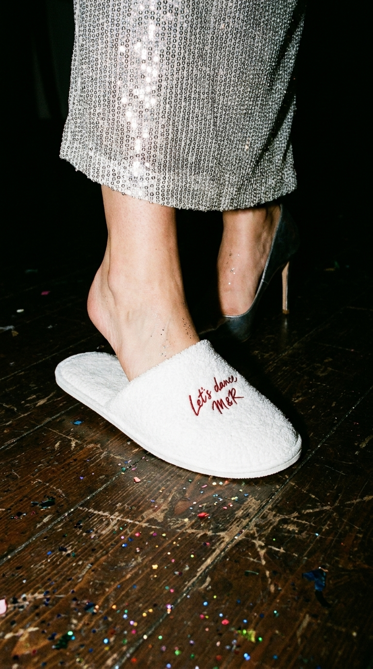 A guest's foot in a white embroidered slipper beside a silver stiletto on a confetti floor