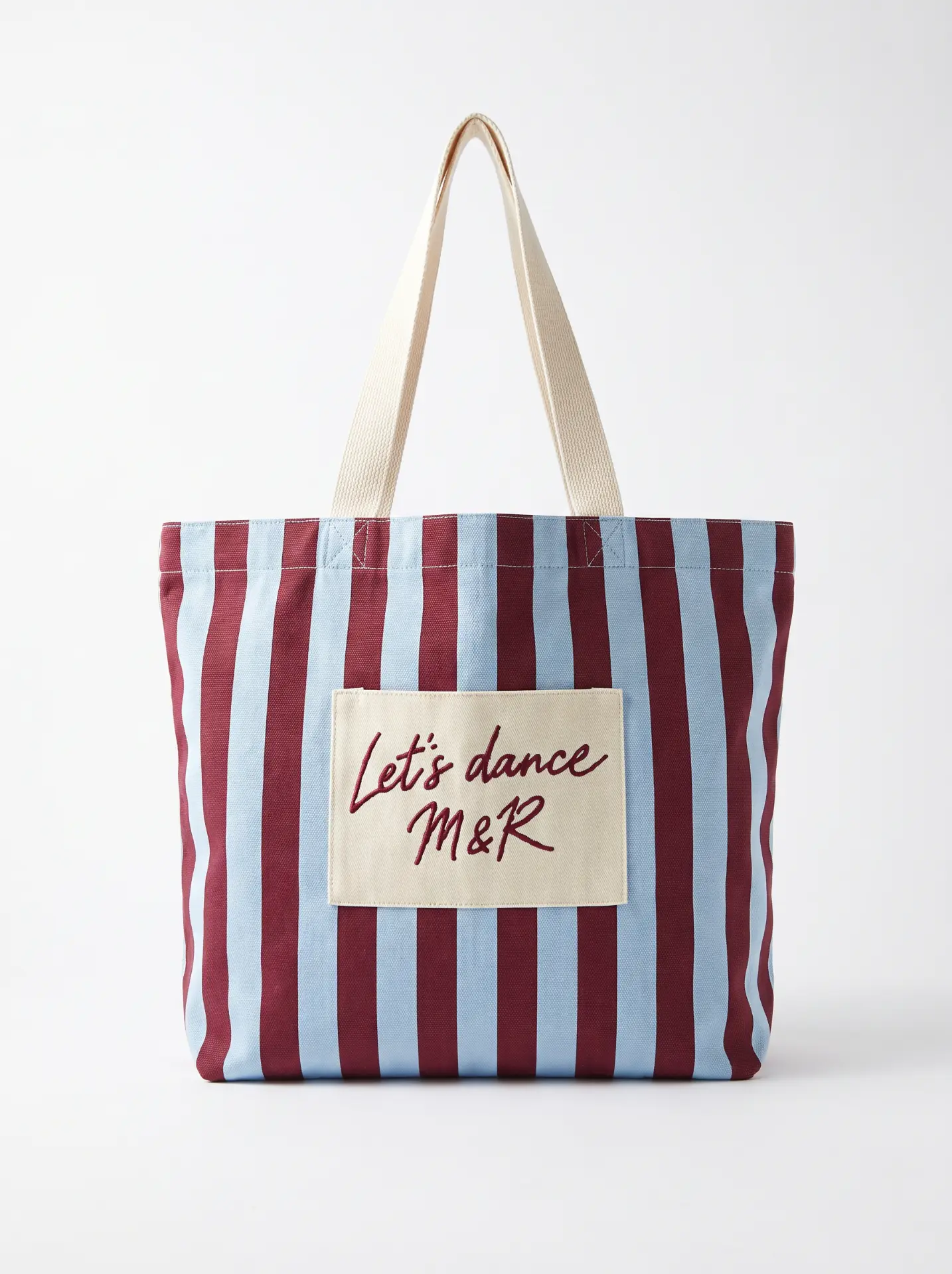 Claret and sky-blue striped cotton canvas tote with a sewn patch embroidered Let's dance M&R