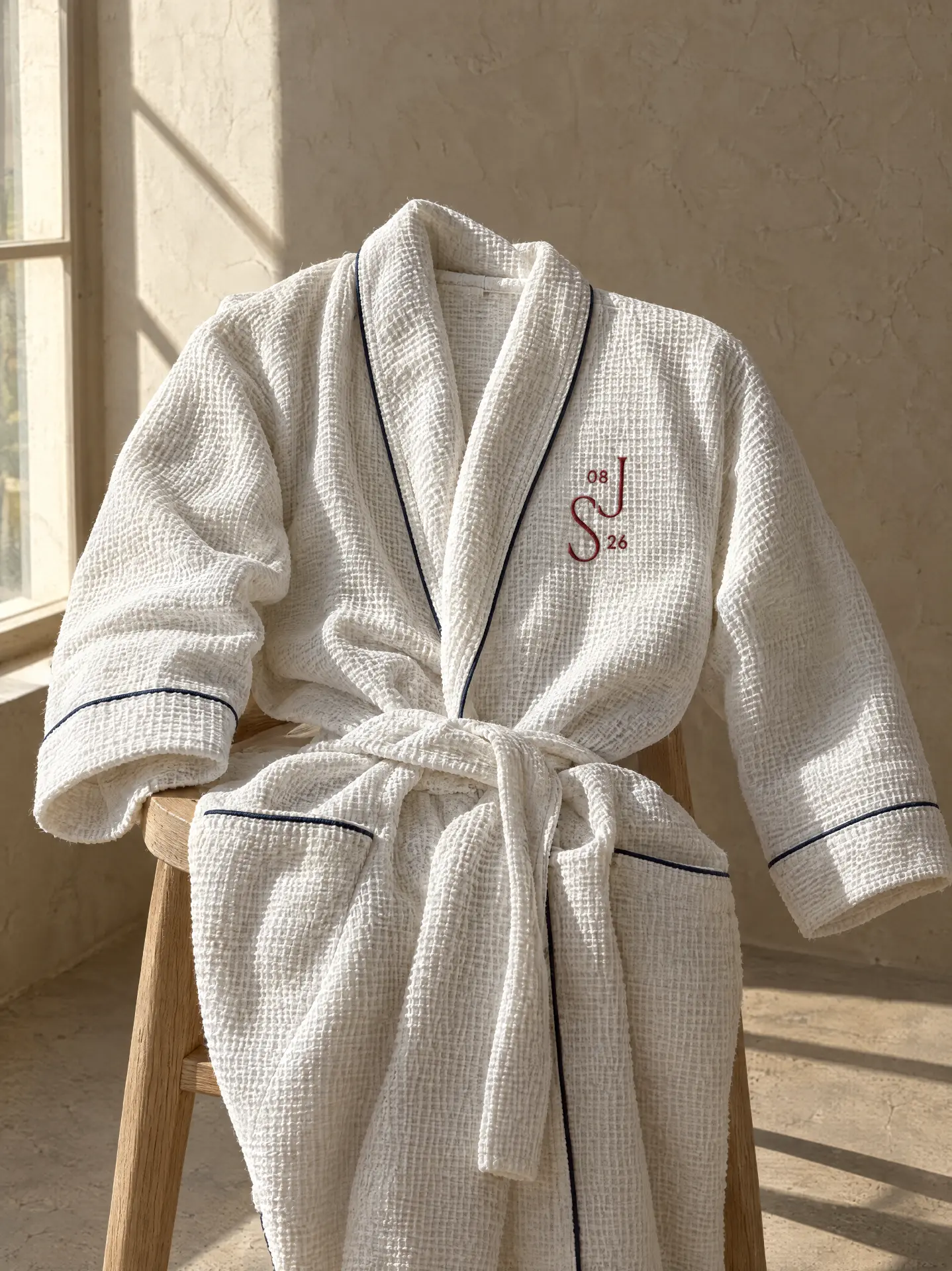 White waffle-weave robe with navy piping and a burgundy monogram draped over a wooden chair in warm daylight