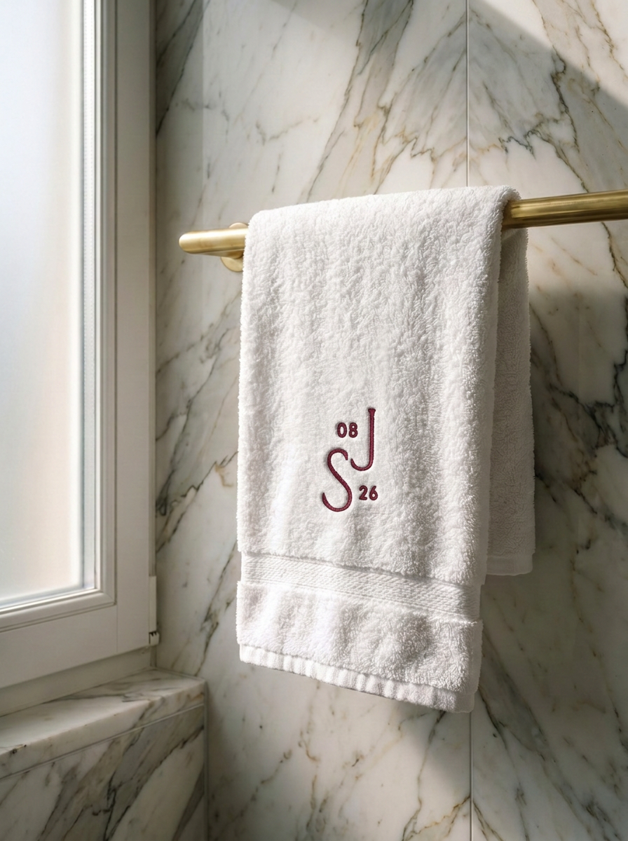 White embroidered towel hanging on a brass rail against marble, burgundy ‘S J 08 26’ monogram