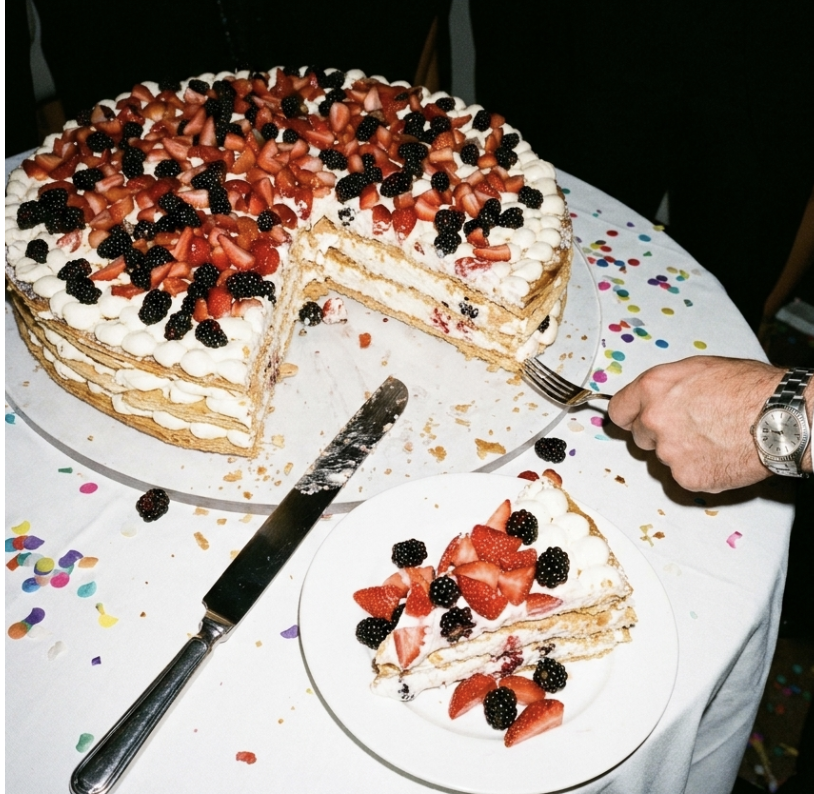 Berry millefoglie on a confetti-strewn table, a slice served on a plate and a hand reaching with a fork