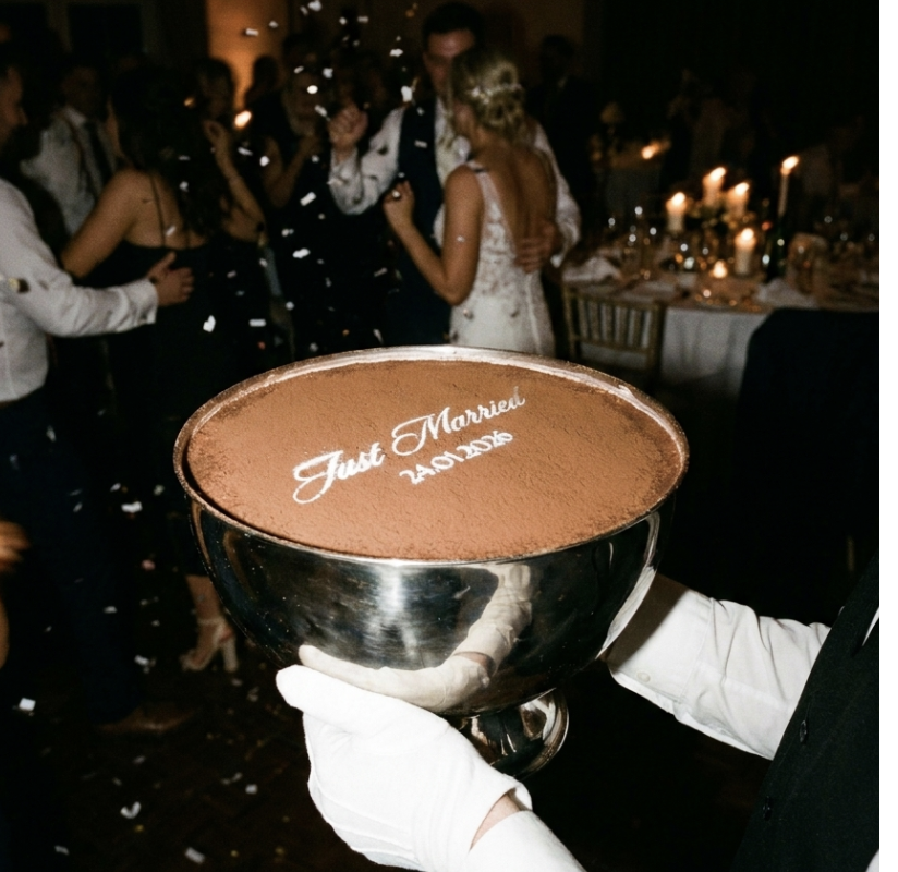 Waiter carrying a tiramisu through the reception