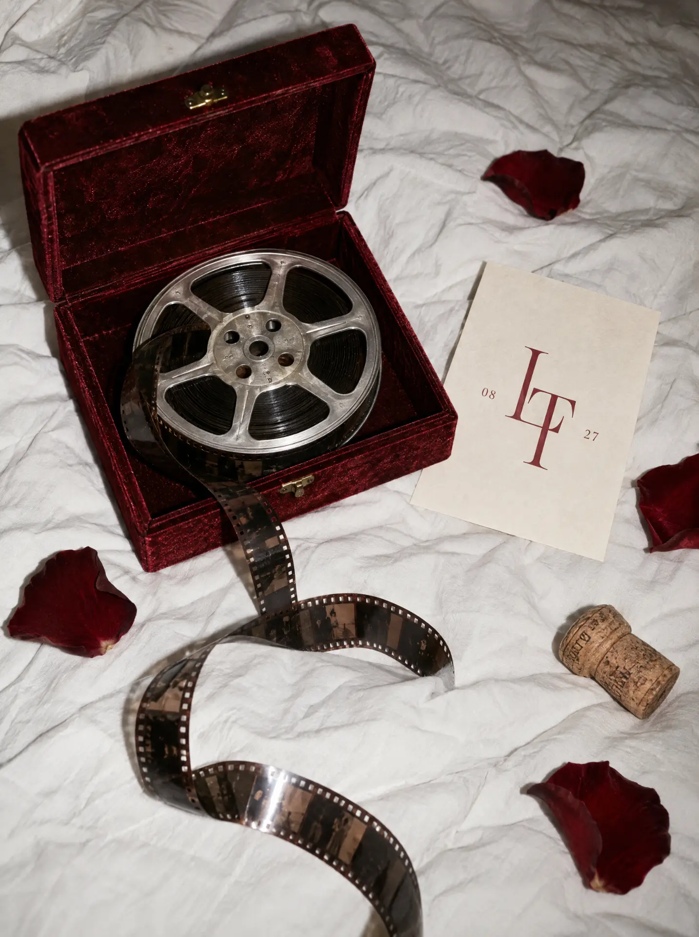 A vintage film reel unwinding from a burgundy velvet box beside a card embossed with the couple's initials and wedding date
