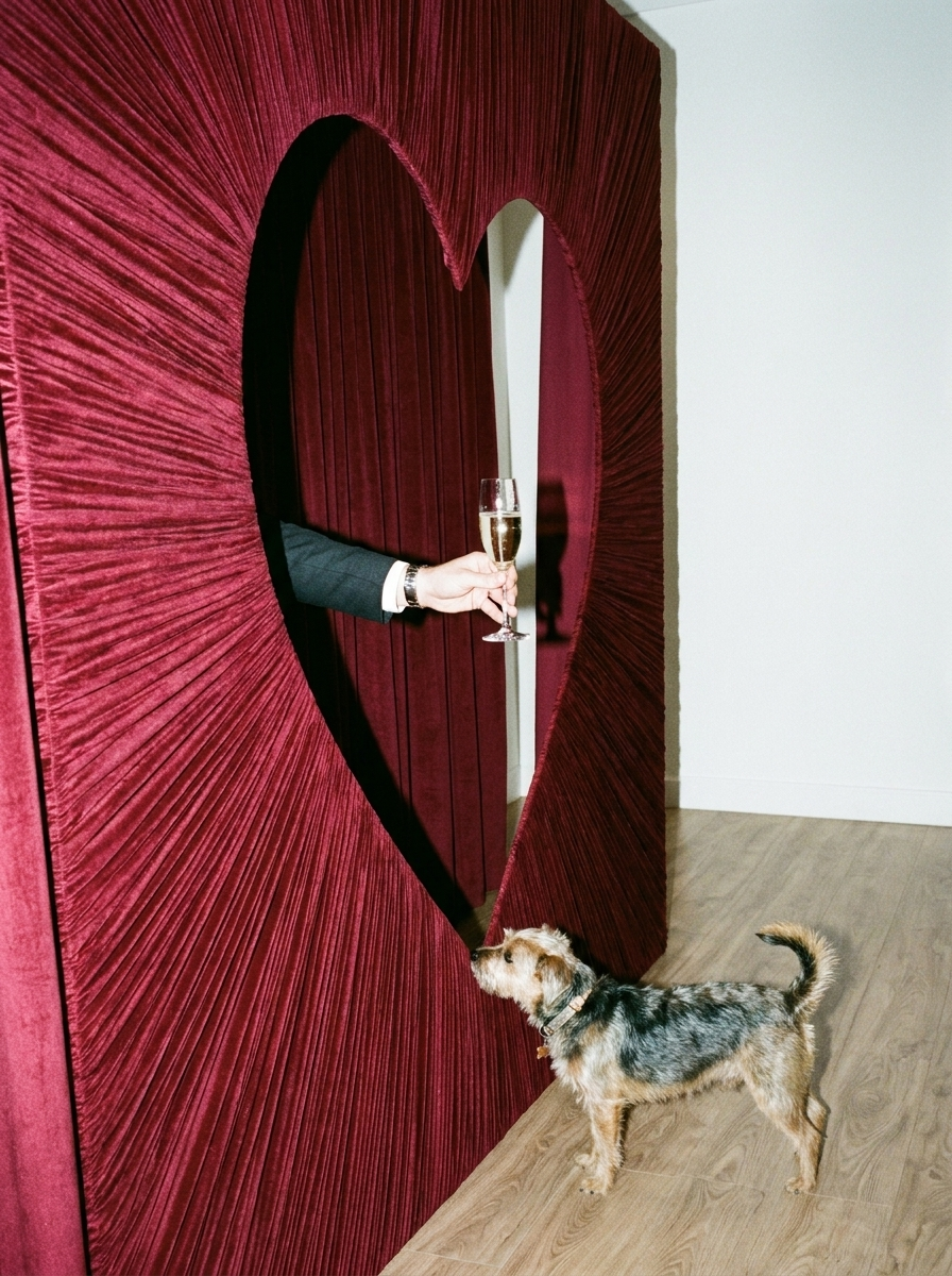 An arm in a black suit sleeve holding a glass of champagne through the heart cut-out of the pleated velvet wall, a terrier standing on the wooden floor below